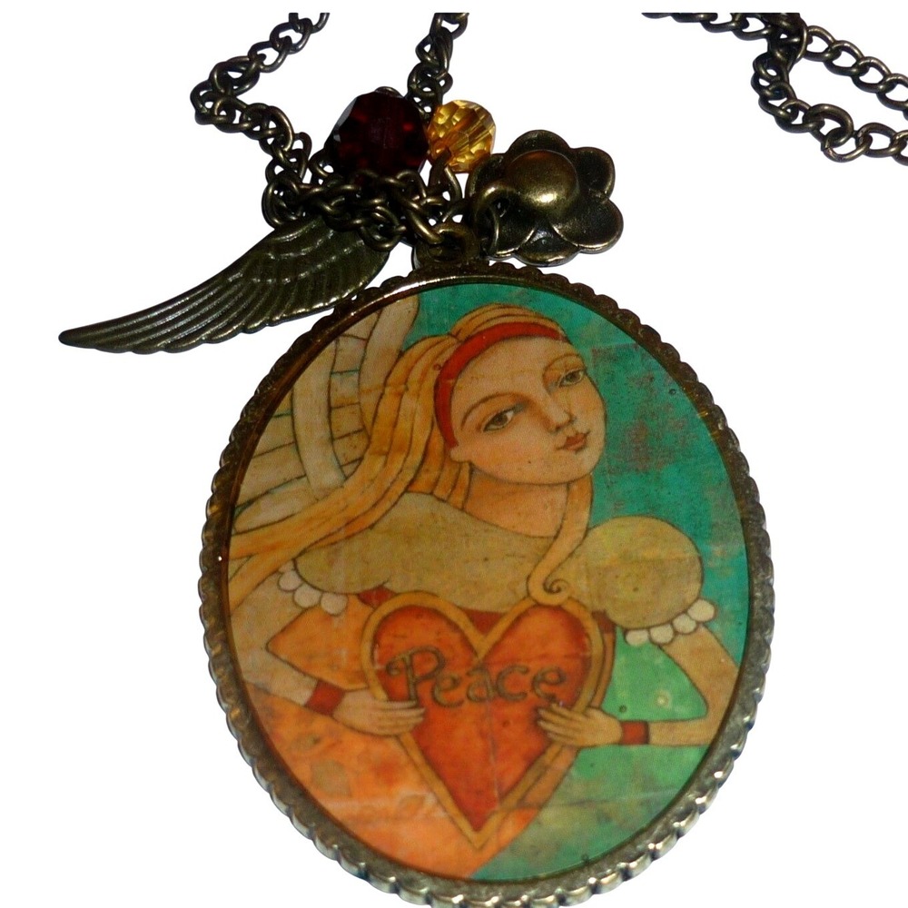 Vintage Kelly Rae Roberts Style Peace Angel Charm Necklace Antique Brass Tone
